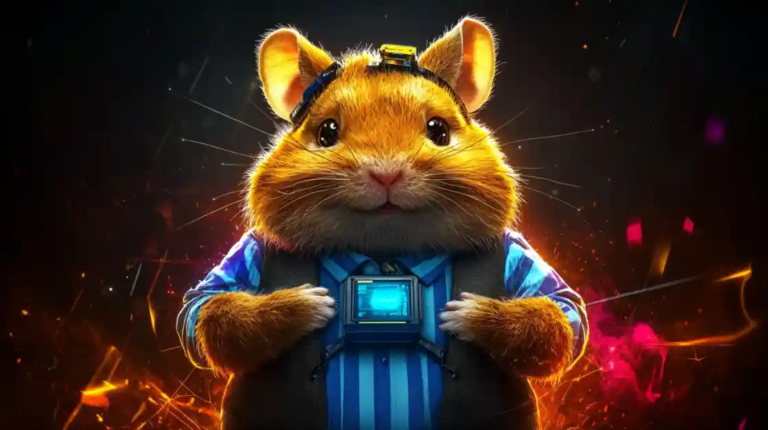 A cute and tech-savvy hamster character wearing a vest and a headset, with a friendly expression, representing the playful and innovative spirit of 7j777.