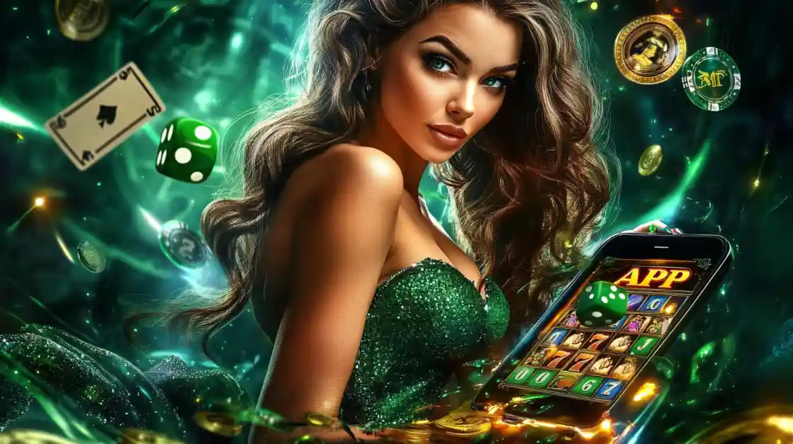 An enchanting woman with flowing hair, adorned in green, gazes captivatingly, surrounded by floating cards, dice, and coins, alongside a smartphone featuring the 7j777 gaming app.