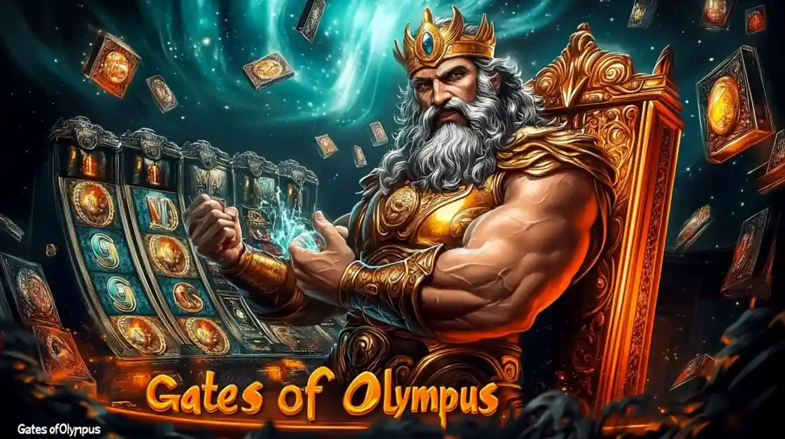 A majestic Zeus figure on a golden throne, surrounded by floating cards and a 7j777 slot machine, with Gates of Olympus prominently displayed, inviting players to a mythical gaming experience.