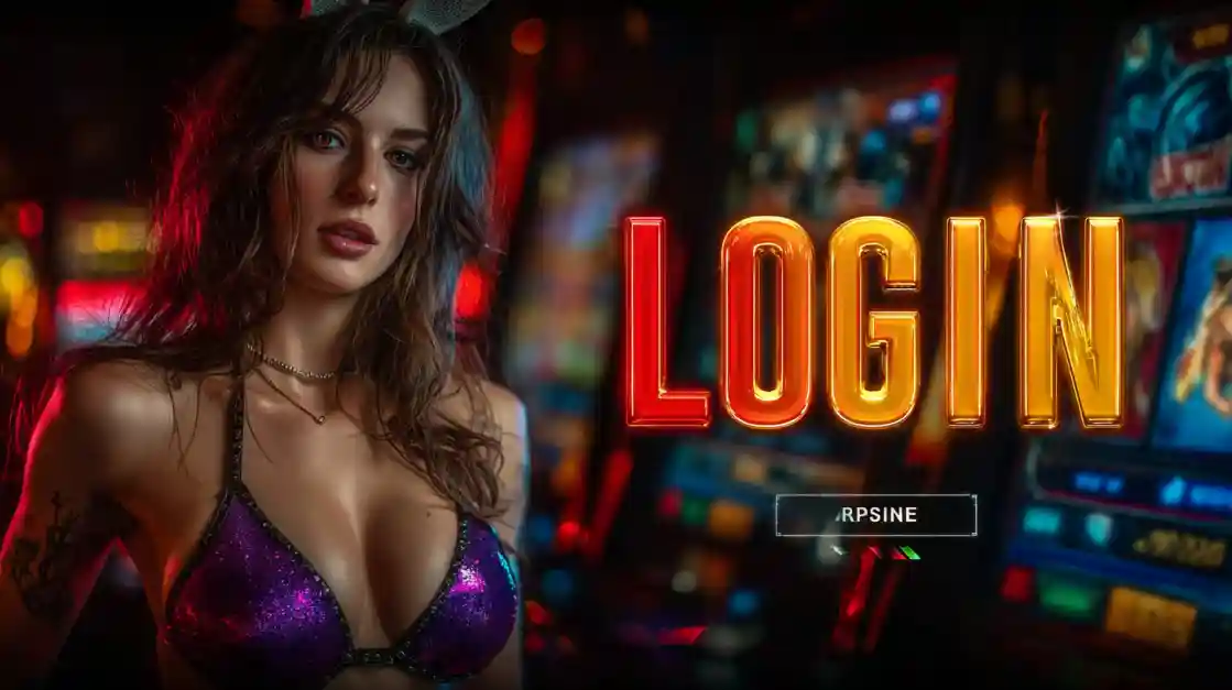 A captivating woman in a shimmering top stands beside a prominent LOGIN interface, with 7j777 slot machines softly blurred in the background, inviting users to enter the world of 7j777.