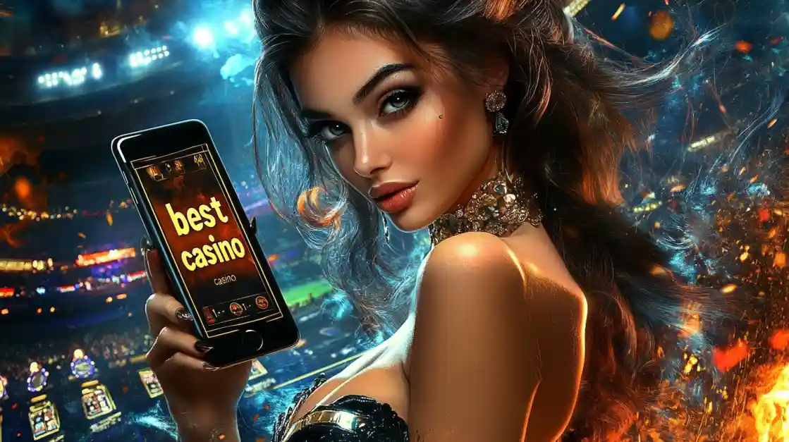An alluring woman holds a smartphone with the best casino app from 7j777 glowing on the screen, set against the backdrop of a brightly lit stadium and ambient flames.
