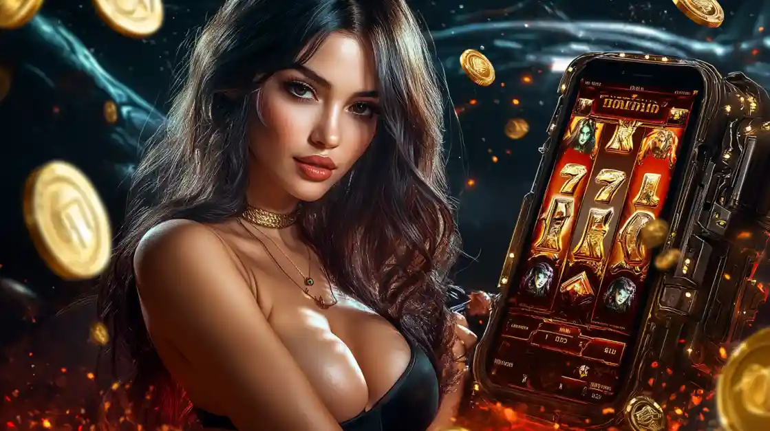 A beautiful woman in a black top looks confidently at the viewer while holding a smartphone displaying a 7j777 mobile slot game with 777 symbols and golden coins.